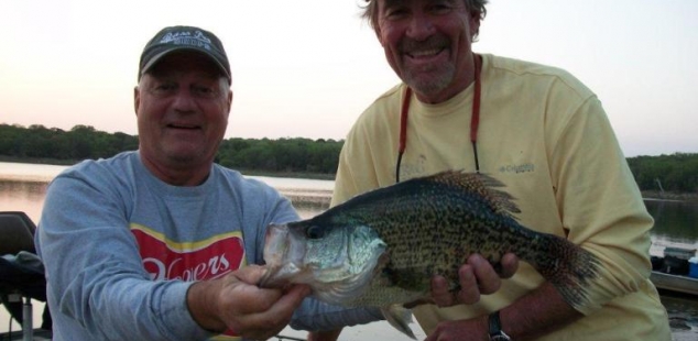 Member, David Owens (right), and guest hold a huge 3lb+ crappie caught at San Saba Waco Creek. One of the largest crappie ever reported on club waters.
